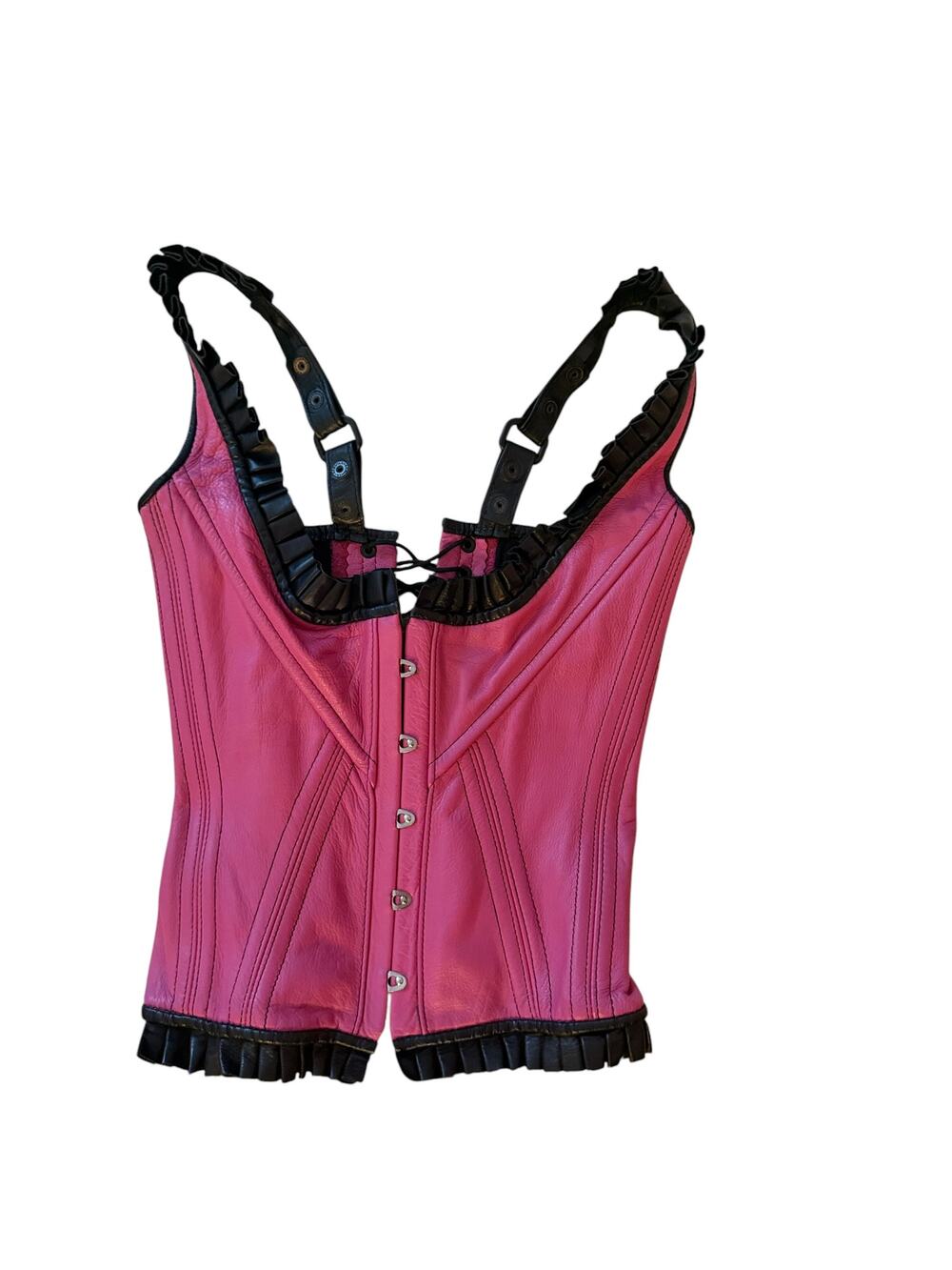 Corset Stormy Leather Pink Overbust Boned Ruffle Suspender Straps USA Made  L